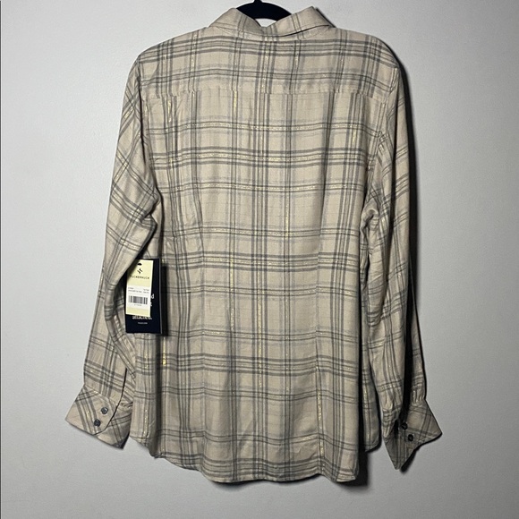 Tuckernuck Ruffle Blouse NWT Women’s XXL Tan Plaid Long Sleeve Collared Shirt - Picture 10 of 15